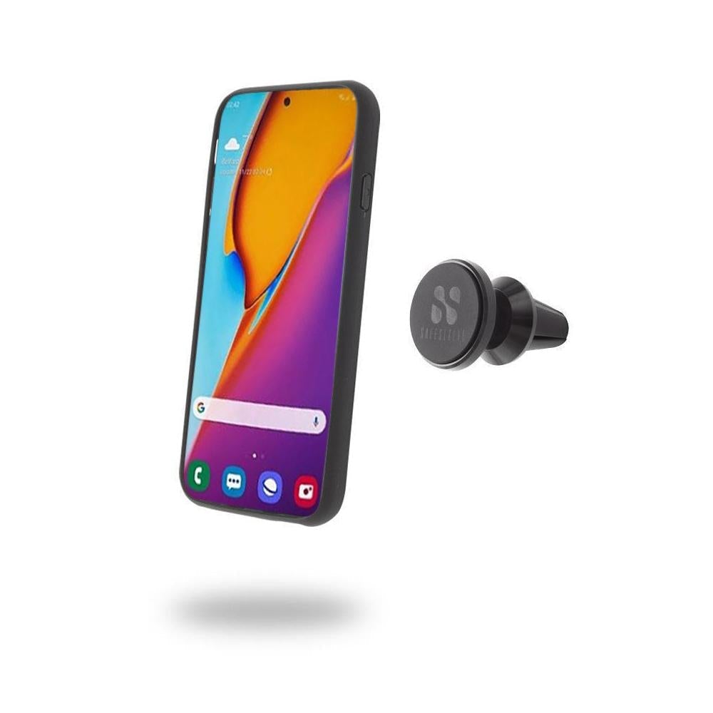 Samsung Galaxy phone with colorful gradient display next to magnetic air vent mount accessory.
