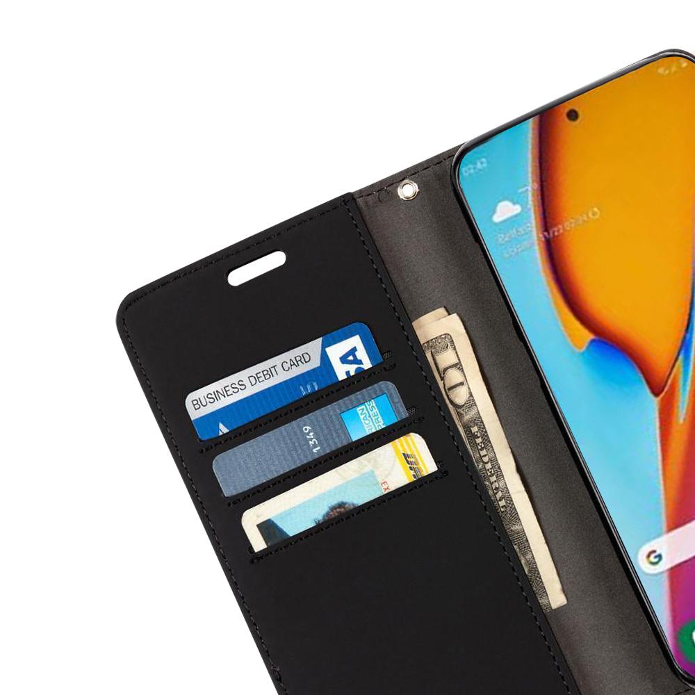 SafeSleeve Case for Samsung Galaxy open showing interior card slots with business debit card, cash pocket, and device visible on right.