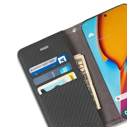 SafeSleeve Detachable Case for Samsung Galaxy open with card slots holding business debit card and cash, phone visible on right.