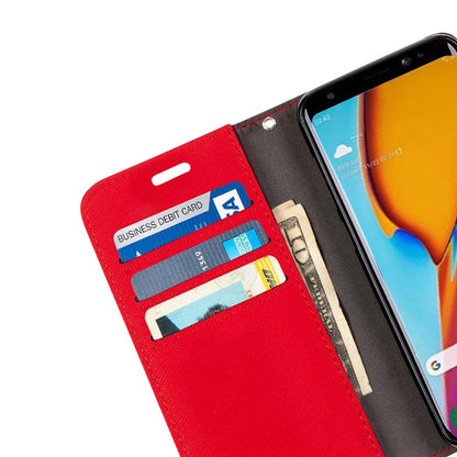 SafeSleeve Case for Samsung Galaxy in red with card slots open, displaying business debit card and cash storage compartments.