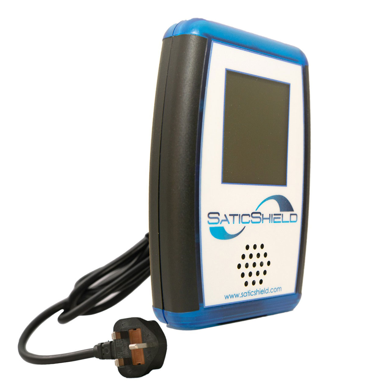 SaticShield EMI line monitor with blue and white casing, digital display, speaker grille, and UK power cord attached.