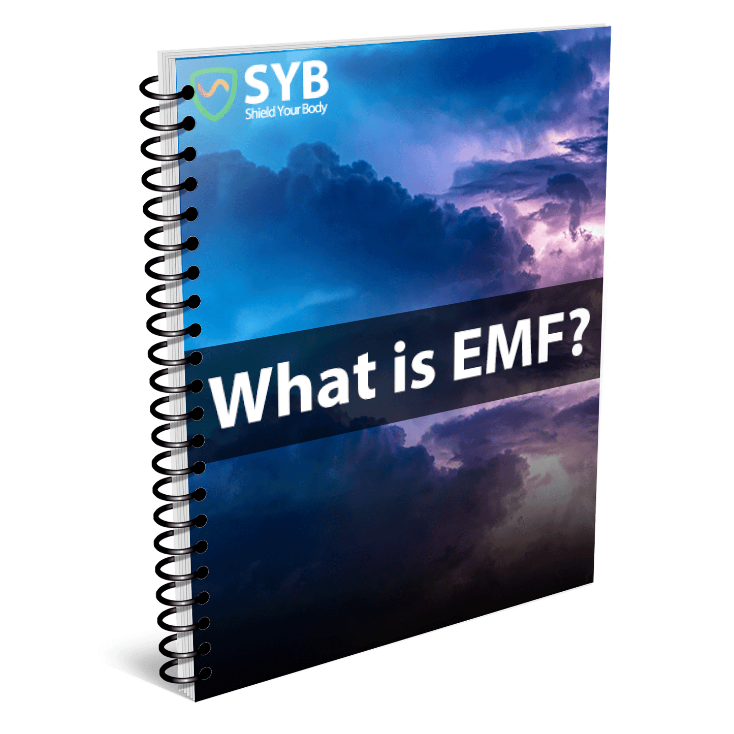 SYB "What is EMF?" spiral-bound ebook with stormy sky background and black banner text on cover.