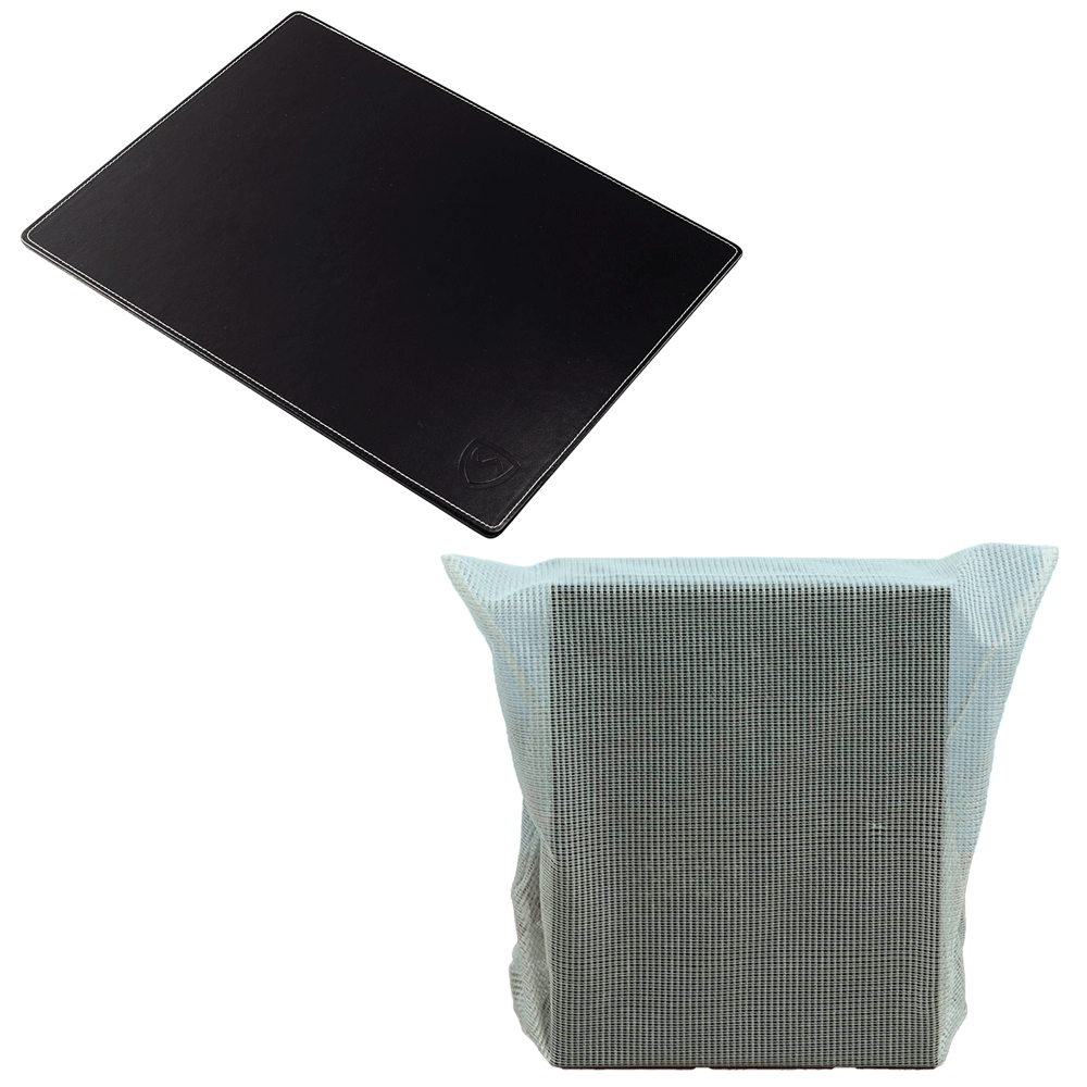 Black laptop pad and light blue mesh pouch displayed separately on white background.