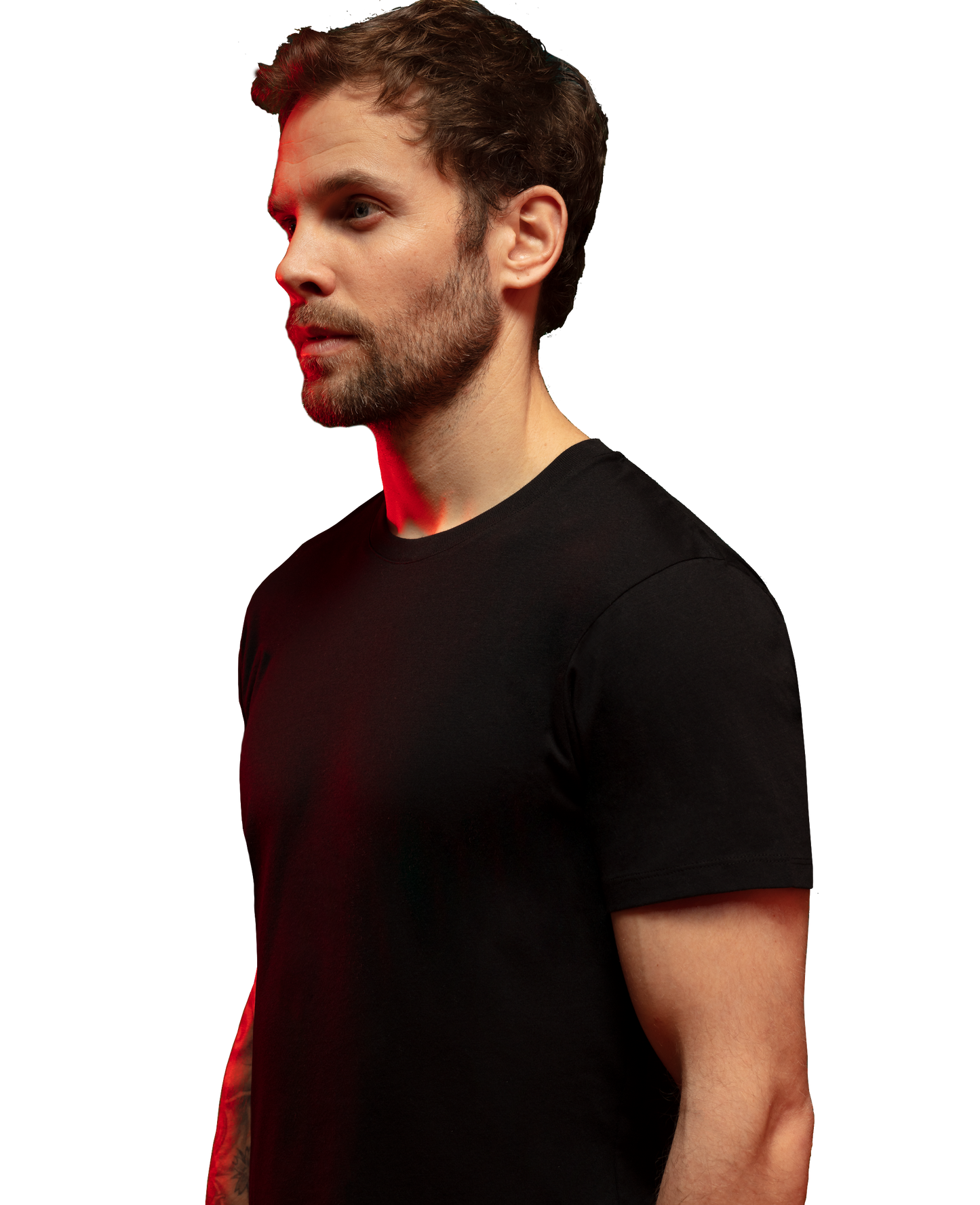 Man wearing black HAVN WaveStopper™ T-Shirt 2.0 shown in profile view with red electromagnetic wave visualization effect.