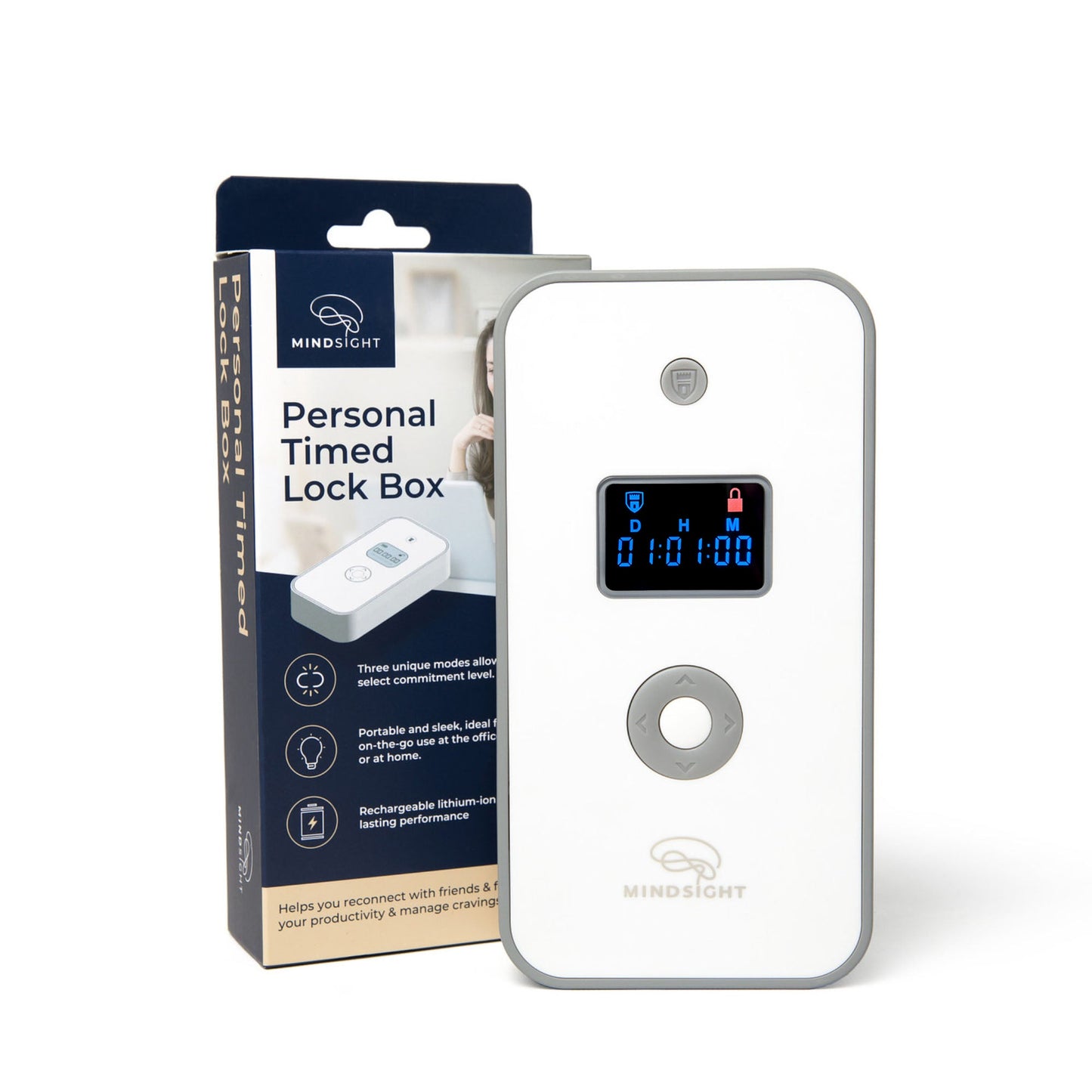 Mindsight Personal Timed Lock Box displayed next to its packaging, showing digital timer display and white device with gray accents.