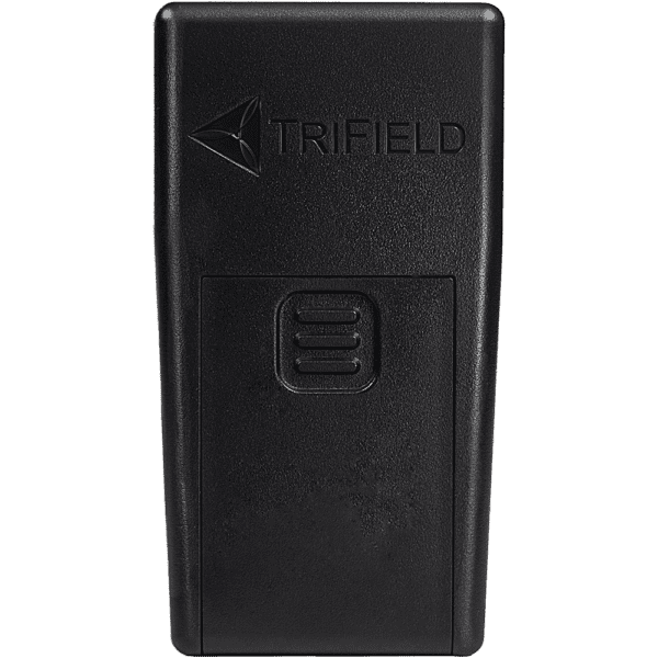 TriField TF2 RF Meter back view showing black rectangular device with embossed logo and ventilation slot.