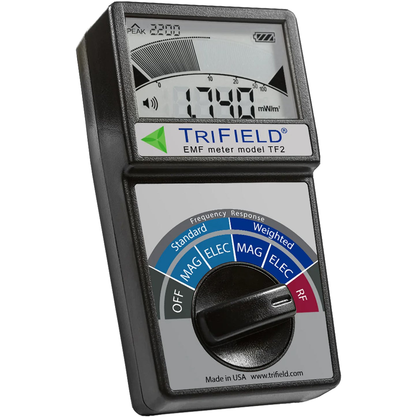 TriField TF2 EMF meter displaying peak reading of 220mV with analog and digital displays, frequency response dial below.