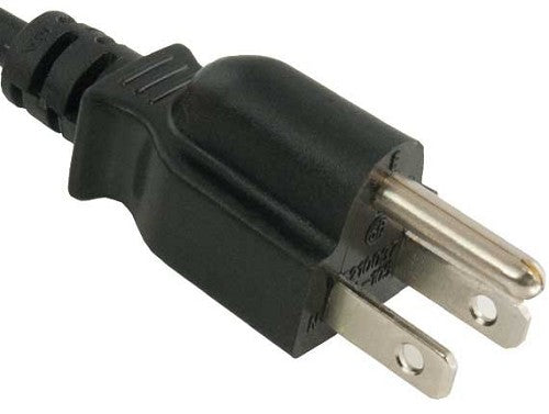 Close view of a black three-prong grounded plug molded onto a power cord.