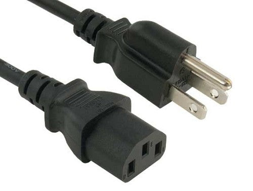 Black power cord with a three-prong grounded plug on one end and a C13 connector on the other, shown in close view.