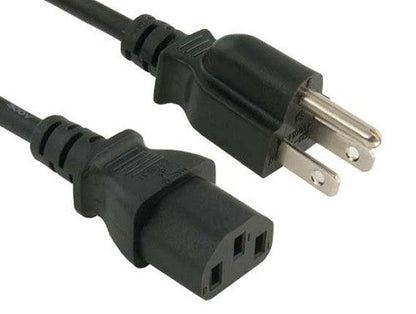Black power cord with a three-prong grounded plug on one end and a C13 connector on the other, shown in close view.