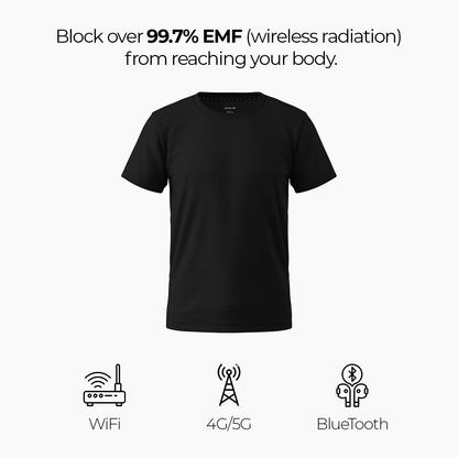 Black HAVN WaveStopper™ T-Shirt 2.0 displayed flat with EMF blocking claim and icons for WiFi, 4G/5G, and Bluetooth protection.