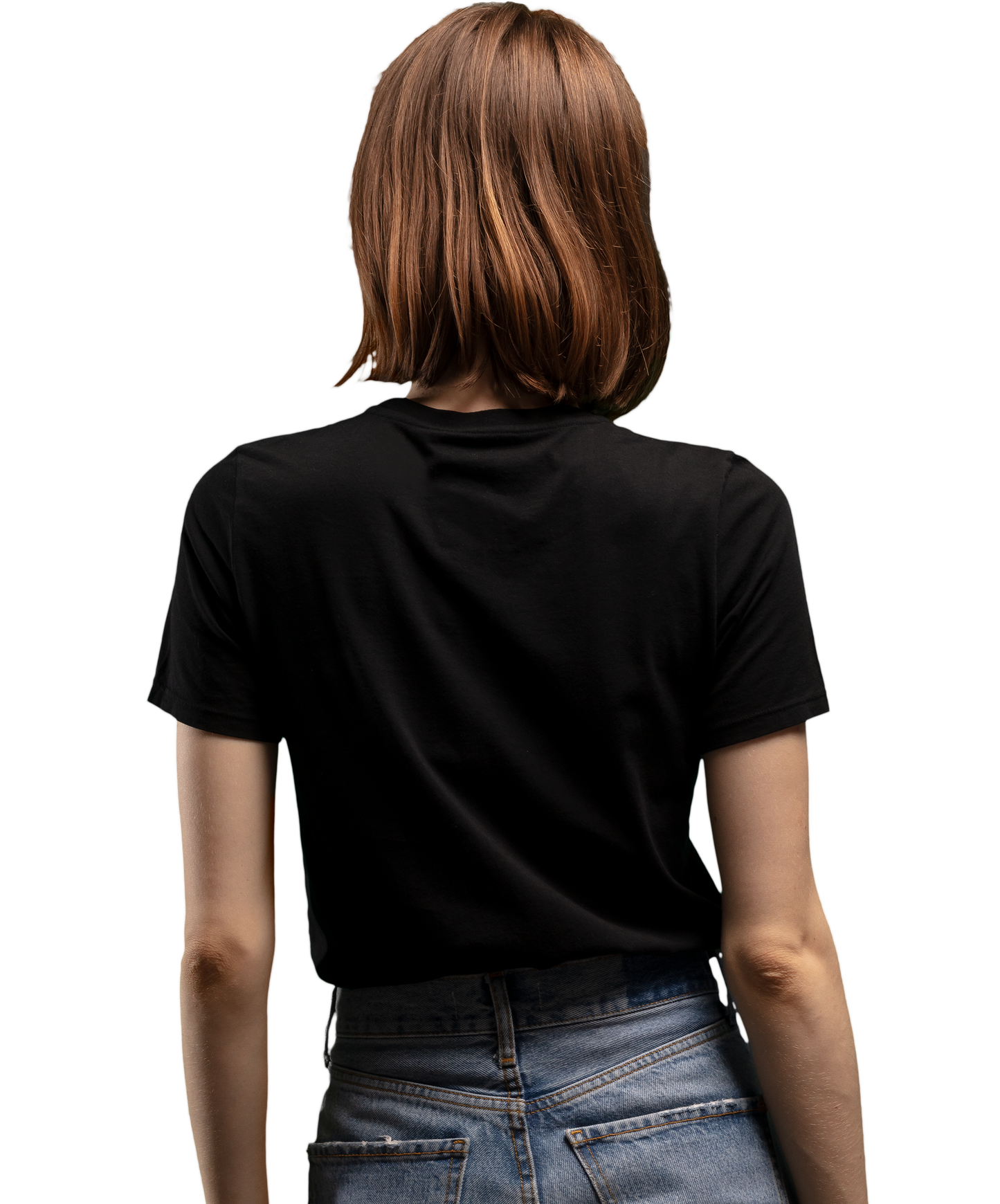 Woman wearing black HAVN WaveStopper™ T-Shirt 2.0 and blue jeans, rear view against white background.