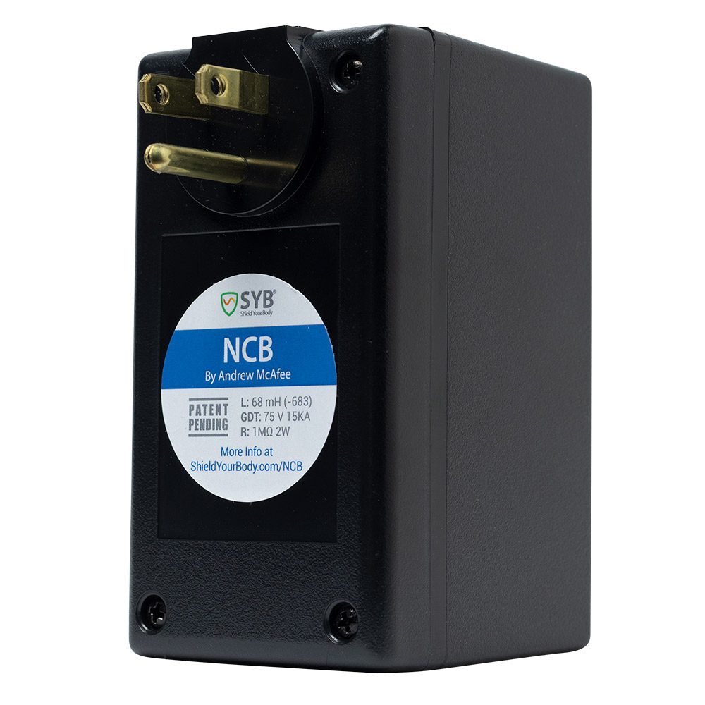 Black NCB plug dirty electricity filter with brass prongs, white and blue product label, and two mounting screws visible.