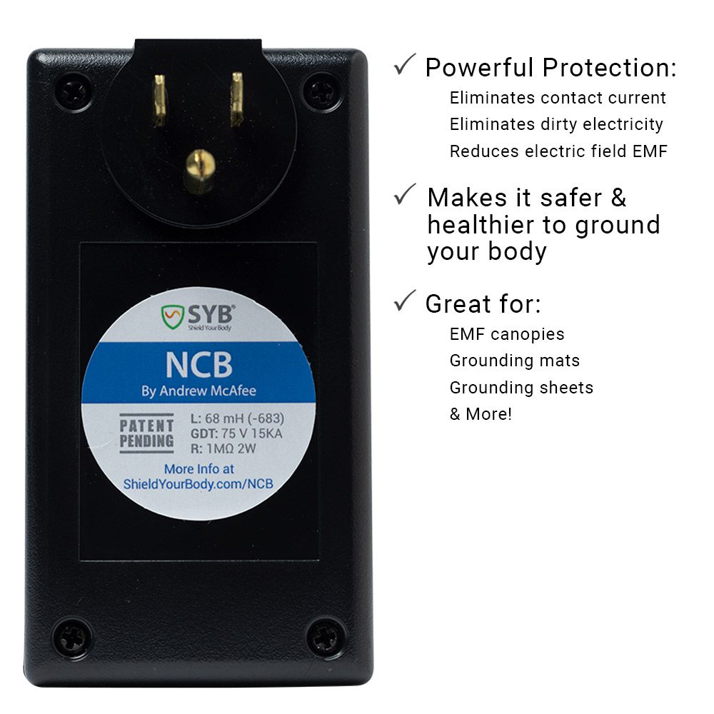 Black NCB Plug Dirty Electricity Filter by SYB with blue label showing specifications and protective benefits listed on right side.