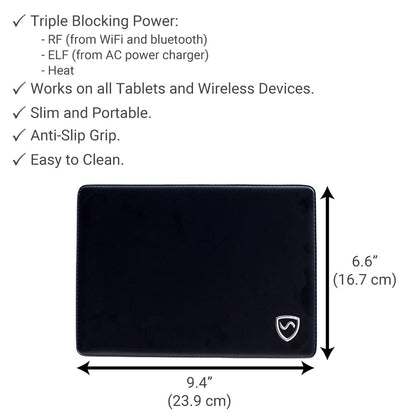 Black SYB Tablet Pad with shield logo shown with dimensions 9.4" x 6.6", featuring triple blocking power and anti-slip grip specifications listed above.