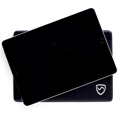 SYB Tablet Pad in black with shield logo, displayed under a tablet device at an angle.