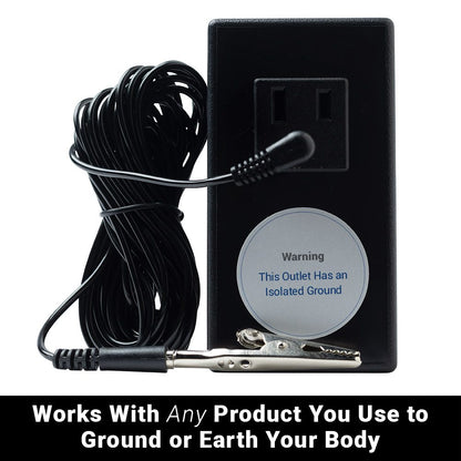 NCB Plug Dirty Electricity Filter with black cord and grounding connector, warning label visible on outlet.