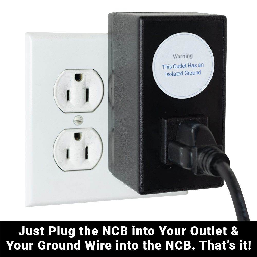 NCB Plug grounding filter inserted into white outlet next to warning label on black adapter box with instruction text below.