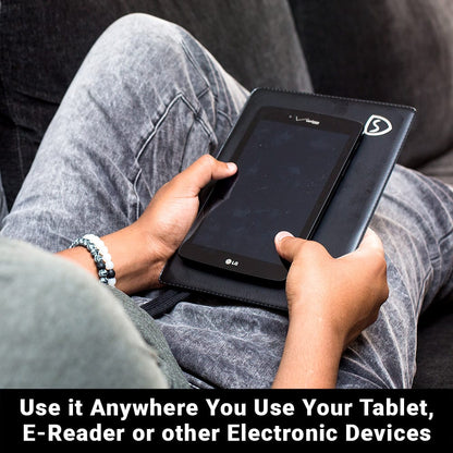 Person holding LG tablet in black SYB Tablet Pad case while sitting, demonstrating portable use on lap.