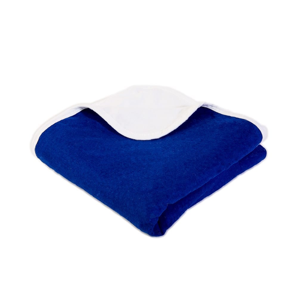 SYB Baby Blanket in navy blue with white trim, folded and displayed against white background.