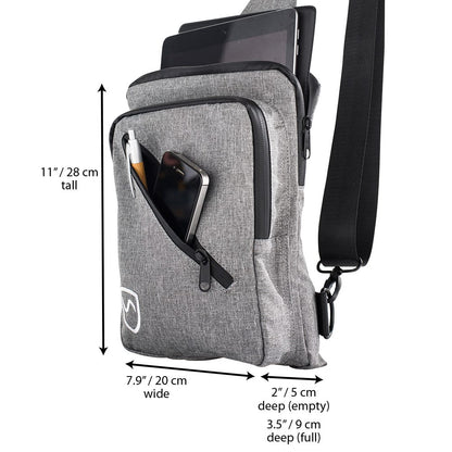 SYB Sling Bag with dimensions displayed: 11"/28cm tall, 7.9"/20cm wide, 2-3.5"/5-9cm deep, holding tablets and accessories.