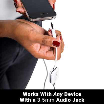Woman holding smartphone with SYB H.A.R.D. headset adapter connected via 3.5mm audio jack cable.