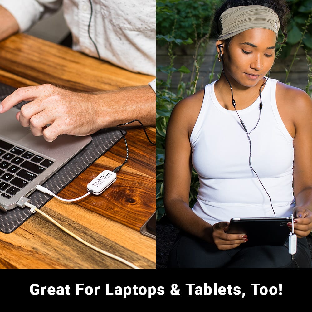 SYB H.A.R.D. device shown in use with laptop and tablet, demonstrating compatibility with multiple devices.