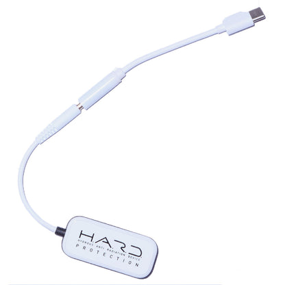 SYB H.A.R.D. headset anti-radiation device with white cable and connector attached to rectangular protective unit.