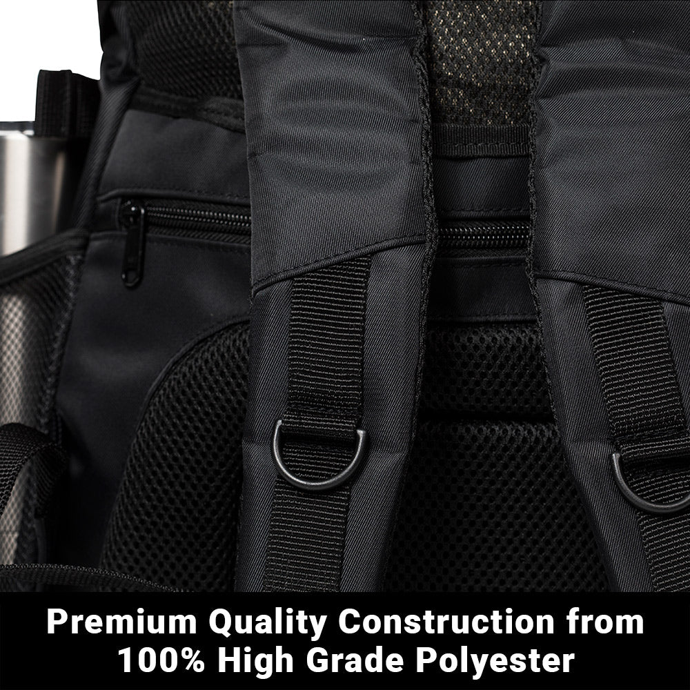 Close-up detail of SYB Backpack straps and mesh panels showing high-grade polyester construction with metal D-rings and zipper hardware.