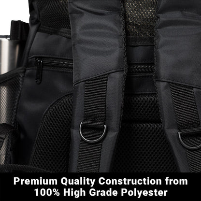 Close-up detail of SYB Backpack straps and mesh panels showing high-grade polyester construction with metal D-rings and zipper hardware.