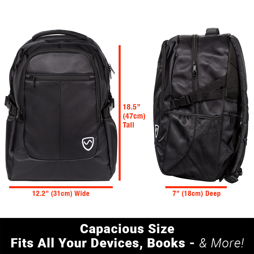 SYB Backpack dimensions shown from front and back views: 12.2" wide, 18.5" tall, 7" deep with multiple compartments and straps.