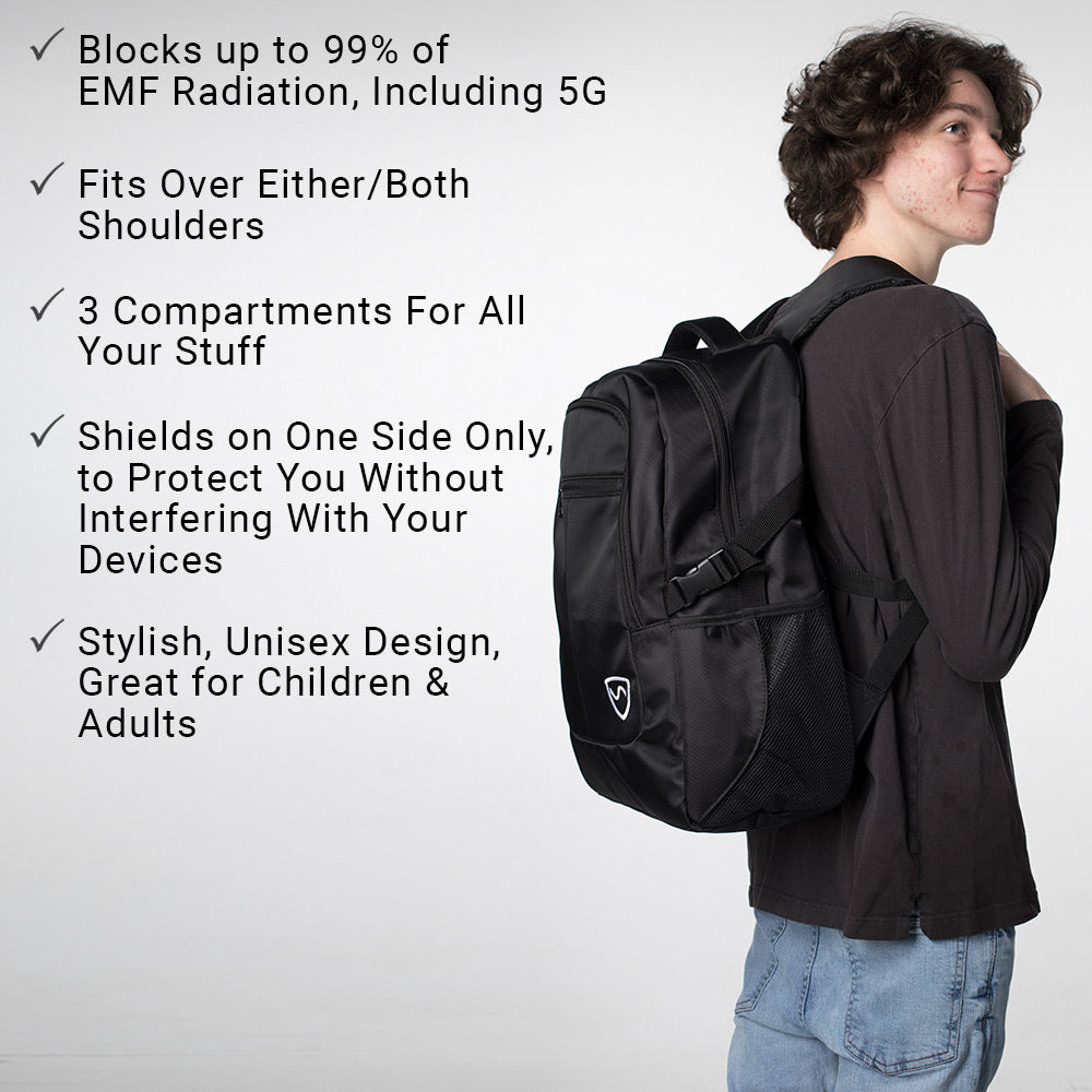 Man wearing black SYB Backpack over shoulder, shown from side view with product features listed on left.