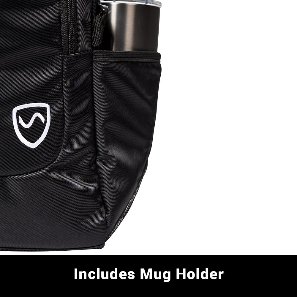 SYB Backpack side detail showing integrated mug holder with stainless steel thermos and white shield logo on black fabric.