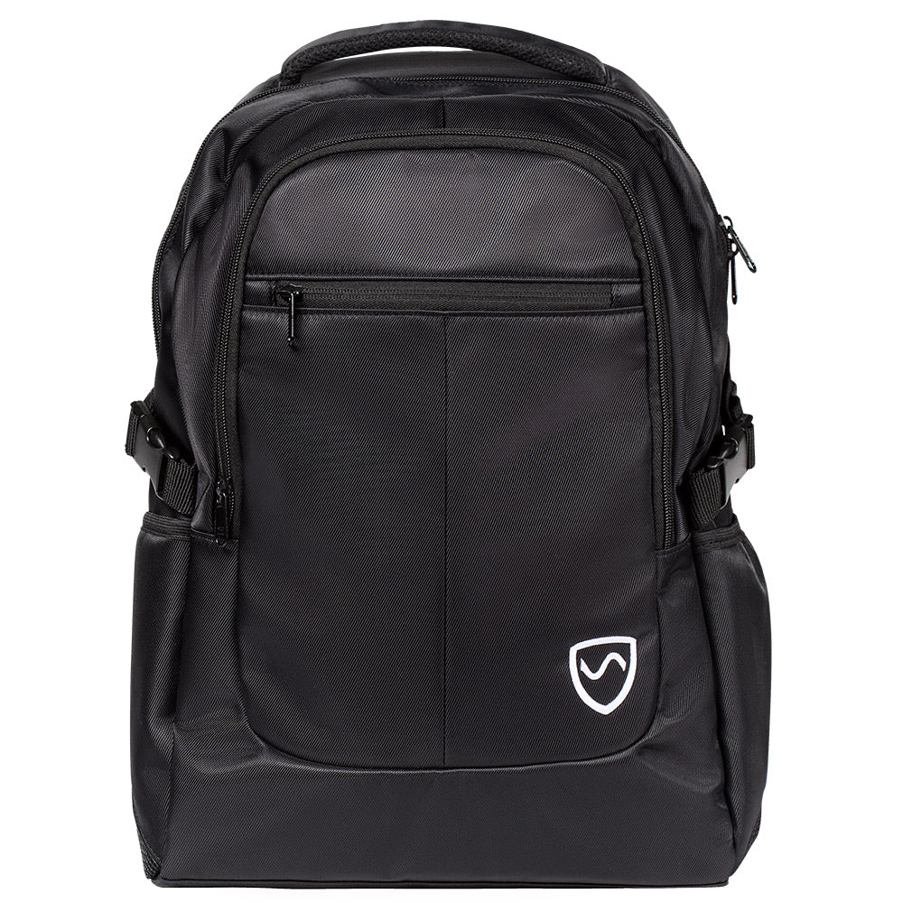 Black SYB Backpack front view with padded straps, multiple zippered compartments, and shield logo on lower front pocket.