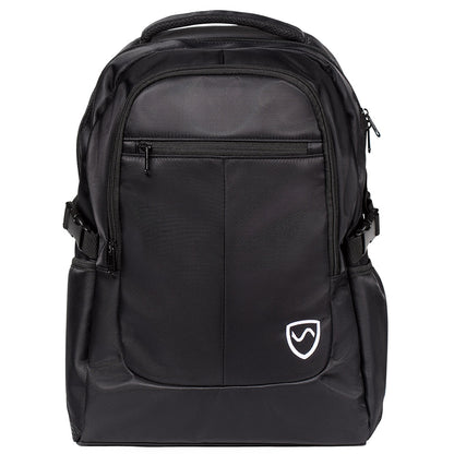 Black SYB Backpack front view with padded straps, multiple zippered compartments, and shield logo on lower front pocket.