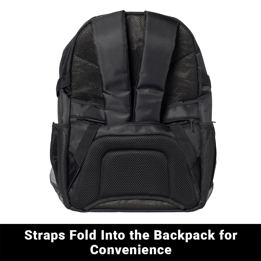 SYB Backpack rear view showing padded shoulder straps that fold into the back for convenient storage and transport.