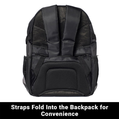 SYB Backpack rear view showing padded shoulder straps that fold into the back for convenient storage and transport.