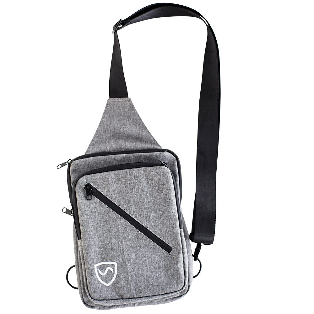 SYB Sling Bag in gray with black shoulder strap, front view showing zippered pocket and shield logo.