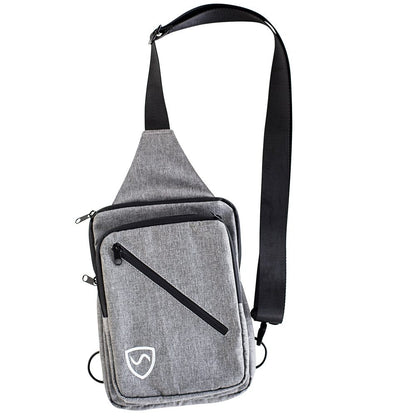 SYB Sling Bag in gray with black shoulder strap, front view showing zippered pocket and shield logo.