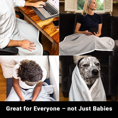 SYB Baby Blanket used by adults, children, and pets in various settings including desk, couch, and as a wrap.