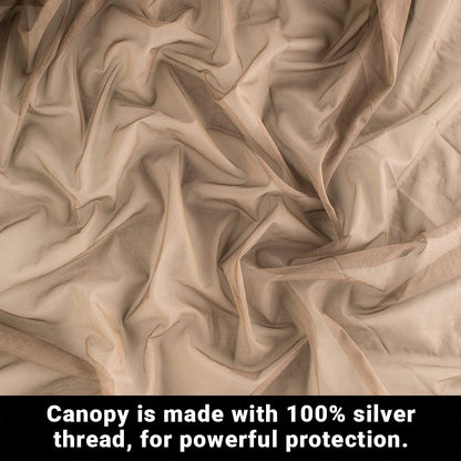 SYB Faraday Serenity Canopy fabric detail showing beige woven material with silver thread throughout for EMF protection.