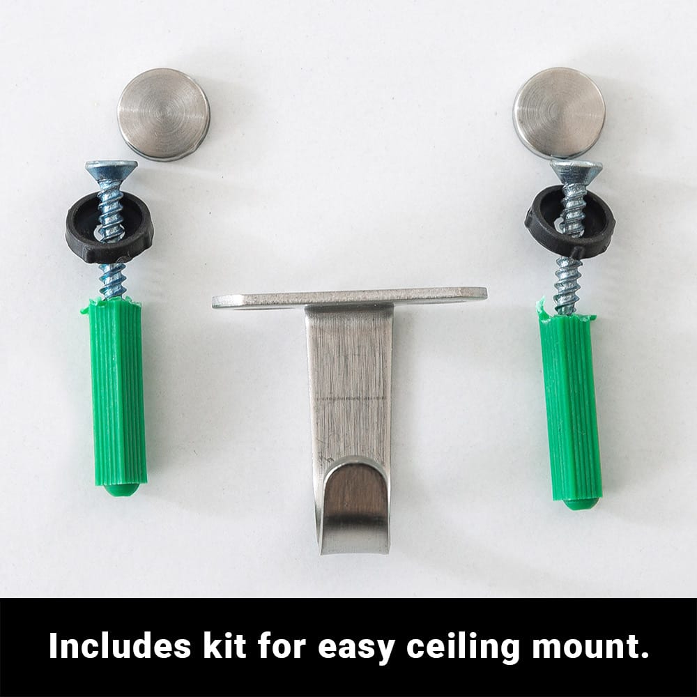 SYB Faraday Bed Canopy ceiling mount kit components: two green anchors with metal screws and washers, plus center bracket.