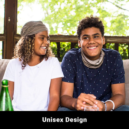 Two teens smiling outdoors on a porch, one wearing a gray SYB Neck Gaiter, demonstrating unisex design.