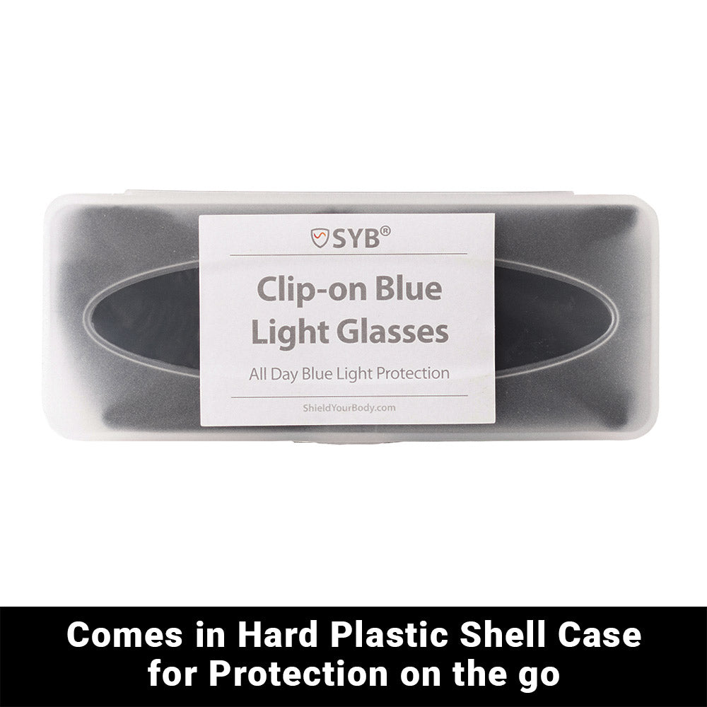 SYB Clip-On Blue Light Glasses in hard plastic shell case showing protective packaging for travel.