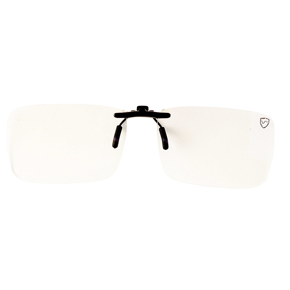 SYB Clip-On Bluelight Glasses with clear lenses and black frame attachment, front view.
