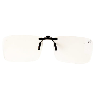 SYB Clip-On Bluelight Glasses with clear lenses and black frame attachment, front view.