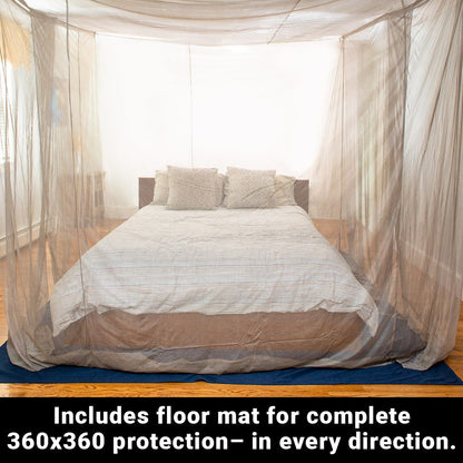 SYB Faraday Bed Canopy in use on a bed with sheer fabric draping, showing included blue floor mat for 360-degree protection.