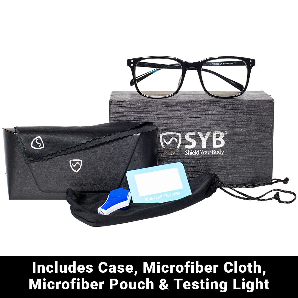 SYB Bluelight Glasses with black square frames displayed on gray box, surrounded by black case, microfiber cloth, pouch, and blue testing light.