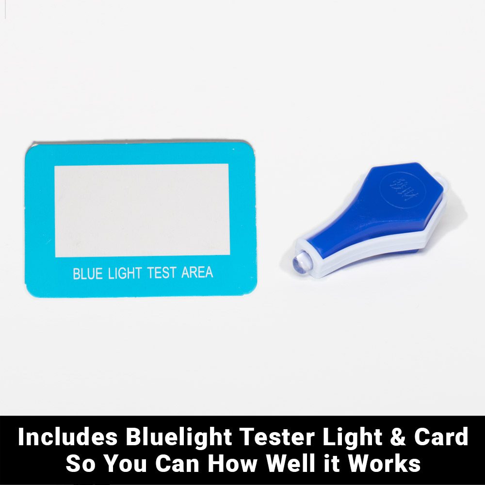 SYB Bluelight Glasses shown with blue light tester light and test card to demonstrate effectiveness.