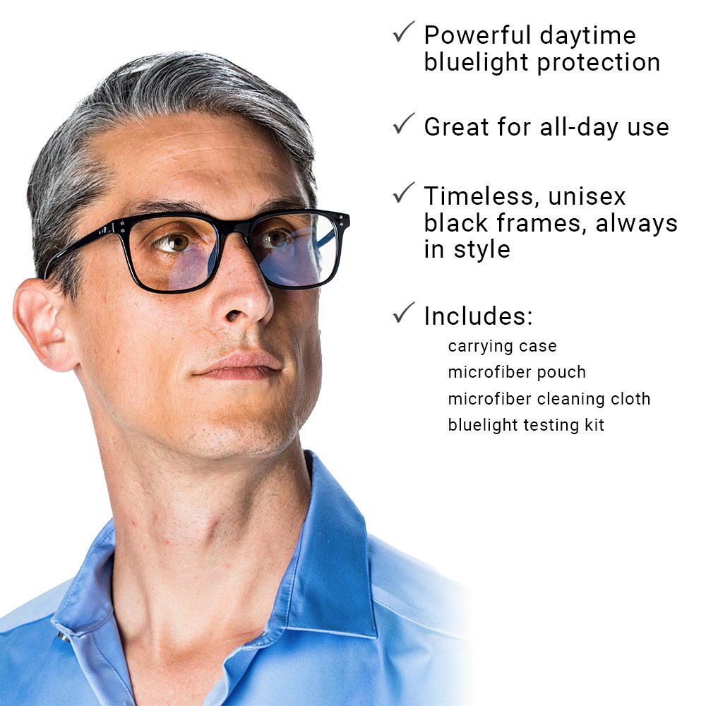Man wearing black-framed SYB Bluelight Glasses with blue lenses, shown in side profile view with product features and included accessories listed.